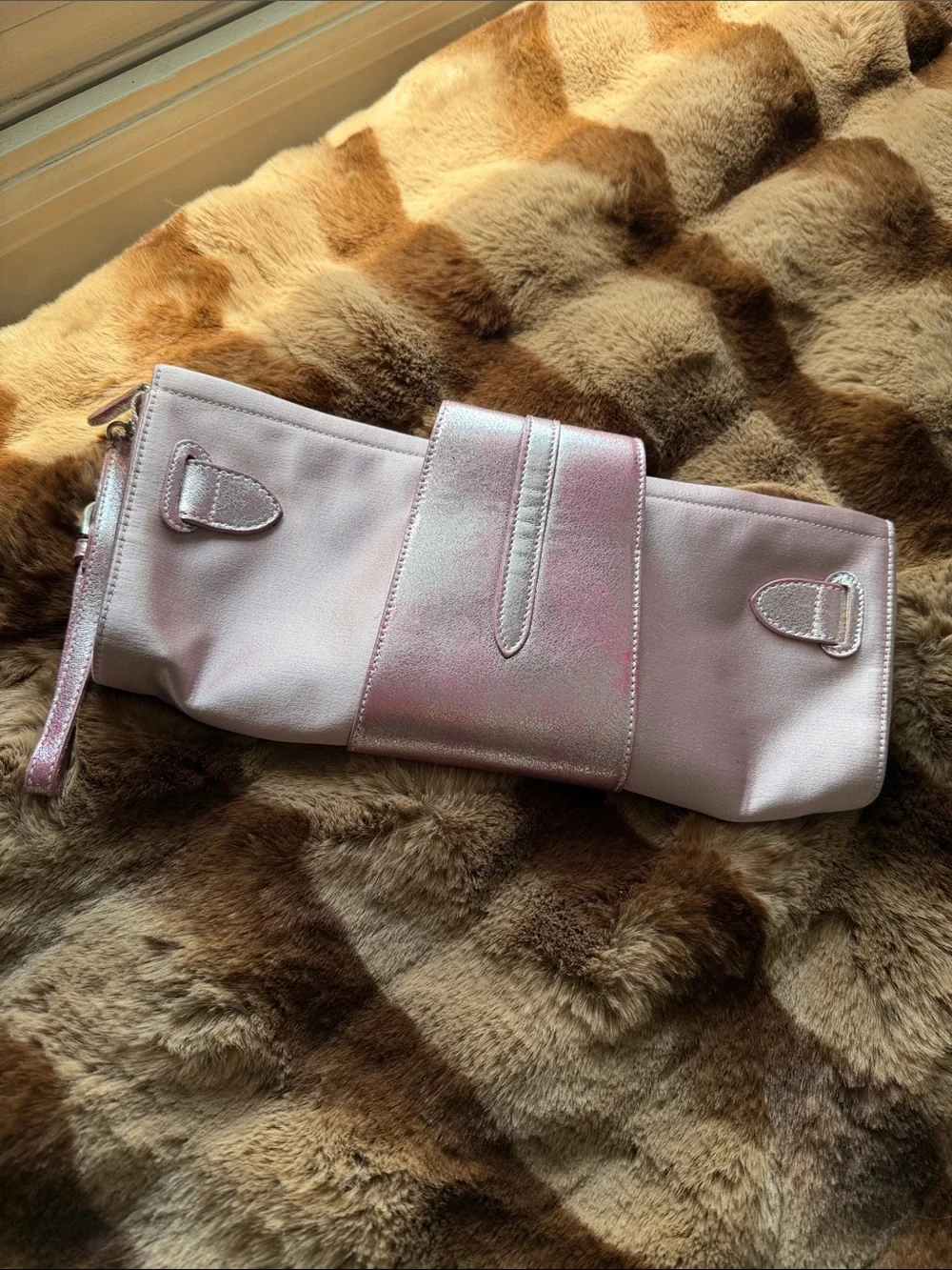 Jimmy Choo Pink Metallic Foldover Clutch with Buckle Detail